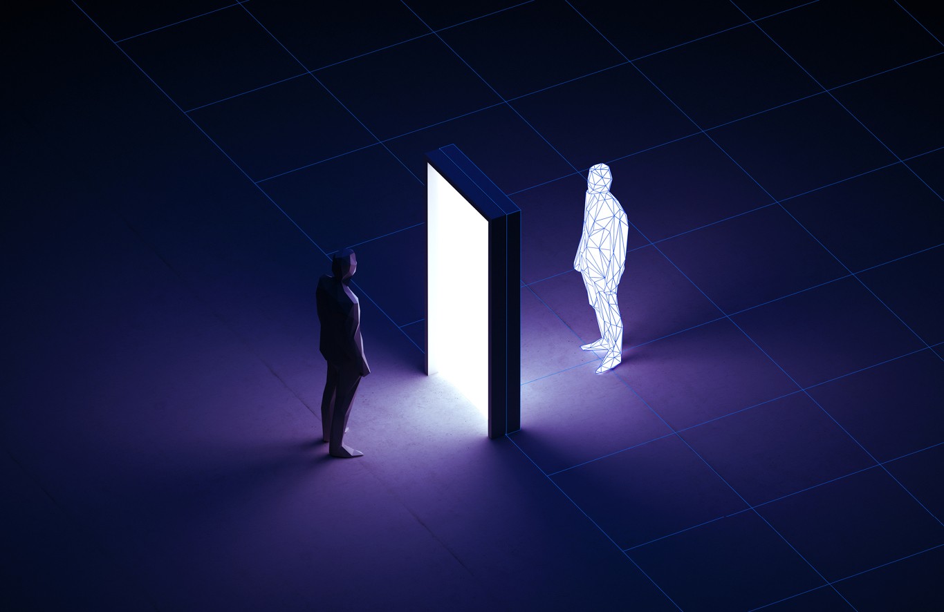 Uma figura humana escura, de costas, observa uma porta vertical brilhante, enquanto uma figura humana translúcida, feita de linhas, está do outro lado, em um ambiente escuro com grade azul no chão