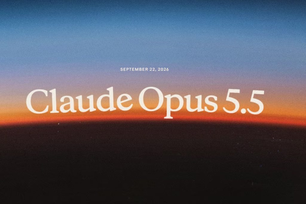 Céu em tons de azul e laranja no horizonte, com a parte inferior escura. O texto branco Claude Opus 5.5 está centralizado, e SEPTEMBER 22, 2026 aparece acima