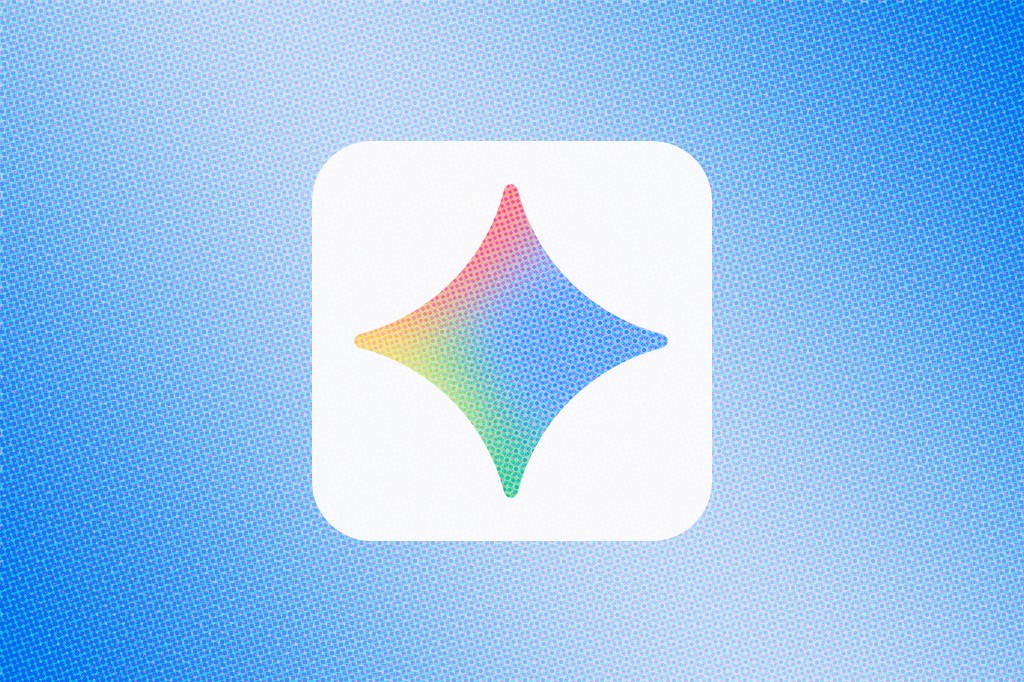 Ícone de estrela de quatro pontas com gradiente de cores do vermelho ao azul e verde, sobre fundo branco arredondado, em um fundo azul pontilhado