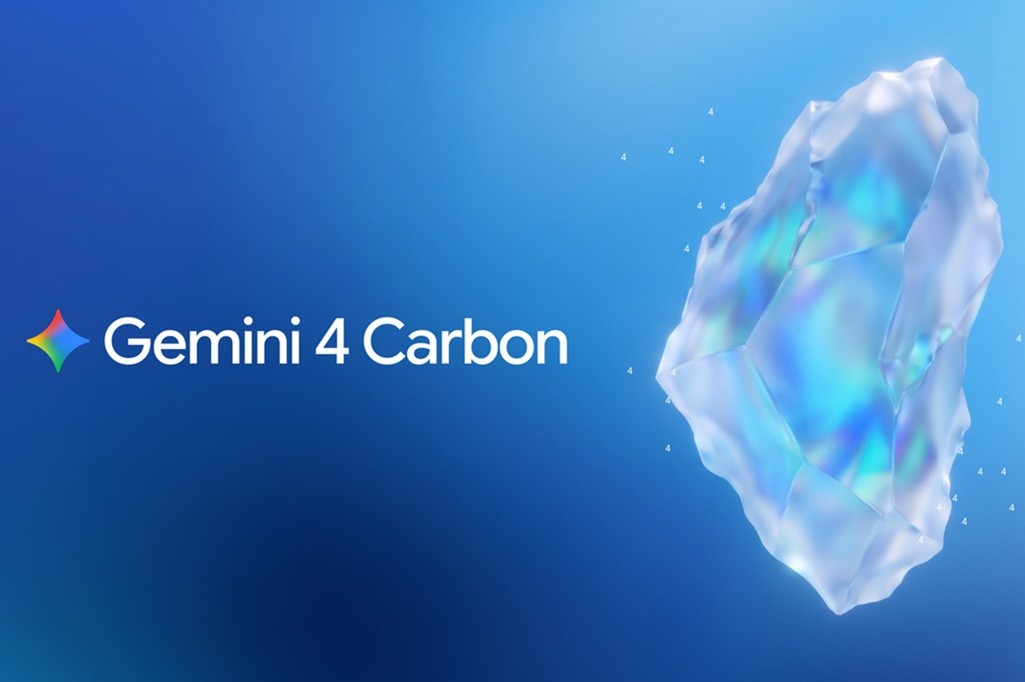 Logotipo Gemini 4 Carbon em branco com um diamante colorido à esquerda, sobre um fundo azul degradê, e um cristal translúcido iridescente à direita